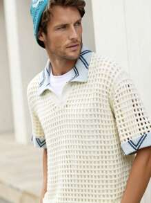 Manfinity Homme Chemise en tricot à manches courtes ample avec col rayé et effet ajouré pour homme, chemise ajourée en crochet