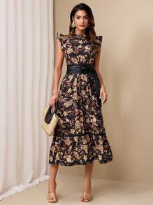 Almamuse Women's Elegant Floral Print Cinched Waist Dress - Multicolor - View 1