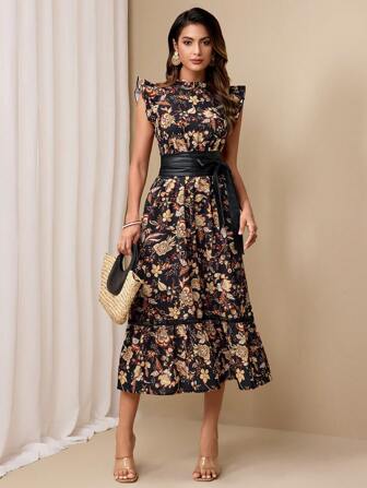 Almamuse Women's Elegant Floral Print Cinched Waist Dress