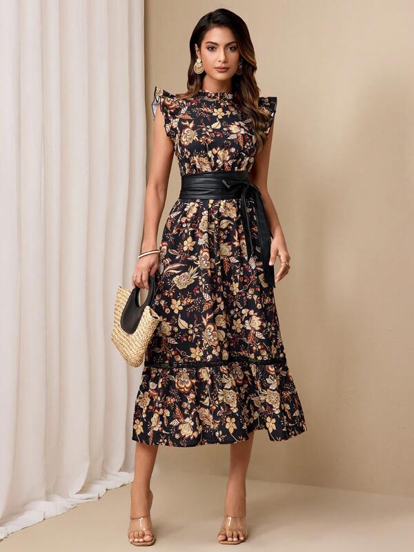 Almamuse Rochie de damă elegantă cu imprimeu floral cu talie strânsă