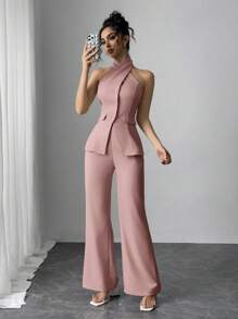 Modelyn Women Solid Color Single-Breasted Halter Top And Flared Pants Elegant 2 Pieces Set,Business Casual Woman