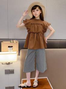 SHEIN 2pcs/Set Tween Girl Cap Sleeve Shirt & Plaid Pants Set,