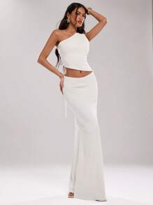 SHEIN BAE Conjunto de top corto sin espalda de unicolor elegante y sexy con falda de sirena - Blanco - Ver 4