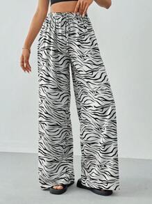 SHEIN Tall Women's Summer Casual Wide-Legged Pants With Zebra Print - Light Grey - View 8