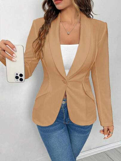 SHEIN PETITE Autumn And Winter Wear Suitable For Commuting. Shawl Collar Single-Button Black Suit Jacket