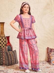 Zweiteiler für Tween Mädchen mit gewebtem Druckmuster, Bindegürtel und gerüschtem Saum Hemd & weite gemusterte Hose, ländlicher bohemian Stil, Lässig für Lässig, Reisen & Urlaub