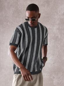 SUMWON Retro Stripe Knit T-Shirt Classic Short Sleeve Crewneck Sweater Top Casual Urban Streetwear Spring Summer Lightweight Premium - Grey - View 6