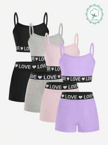 4 件套 女童心形印花弹力腰背心和短裤内衣套装 - 彩色 - 查看 3