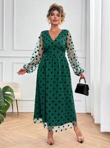 SHEIN Clasi Vestido maxi con mangas linterna, estampado de lunares y malla para mujer de talla grande