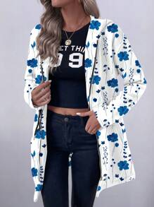 SHEIN LUNE 女士休闲度假抽绳口袋连帽运动衫，毛绒图案印花长款轻便夹克 - 藍白色 - 查看 7