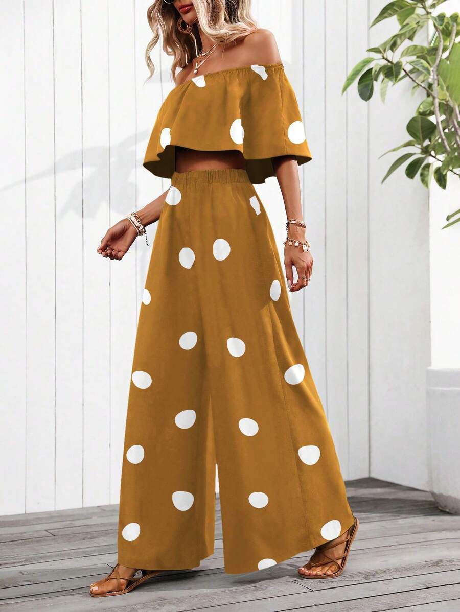SHEIN Clasi 2 件套女士假日露肩波尔卡圆点印花衬衫和阔腿裤休闲装（随机花卉印花） - 黃色 - 查看 1