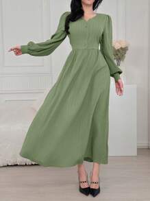 Feyla Women's Solid Color V-Neck Ruffled Long Sleeve Single-Breasted Elegant Dress - Green - View 6