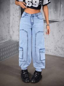 SHEIN ICON 女式休闲水洗卷边工装牛仔裤