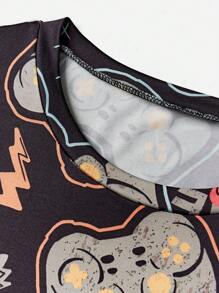 2 件牛奶丝印花舒适长袖套头衫和长裤睡衣套装，适合青少年男孩 - 黑色 - 查看 3