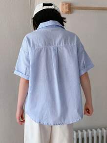 Dazy Kids 女童蝴蝶刺绣翻领条纹短袖编织衬衫，夏季 - 藍色 - 查看 6