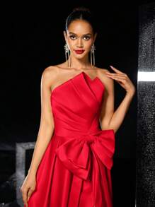 Glamrae 优雅浪漫缎面不对称垂坠露肩超大蝴蝶结高开衩超大下摆连衣裙，适合晚会、单身派对、约会、正式活动、派对礼服、晚礼服、婚礼宾客 - 紅色 - 查看 4