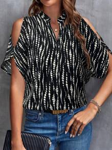 SHEIN LUNE Women Casual Full Print Off Shoulder Notch Neck Blouse, Suitable For Commuting,Casual - Black - View 3