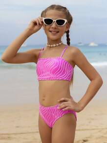 青少年女孩时尚休闲粉色比基尼两件套，适合夏季海滩度假、游泳、旅行 - 玫紅色 - 查看 4