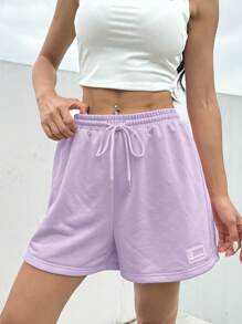 SHEIN EZwear Quần short thể thao EZwear Summer Loose Casual Pink Drawstring Waist Patch Detail - Màu Lilac Tím - Xem 4