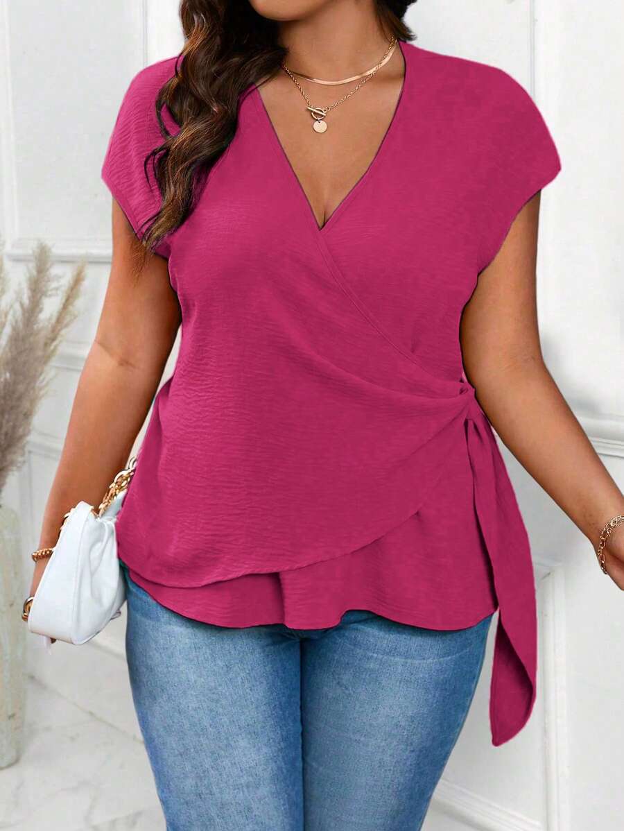 SHEIN LUNE Plus Size Crinkle Textured Crossover Wrap With Knot Side Short Sleeve Casual Outgoing Commute Shirt, Valentine's Day - Red Violet - View 1