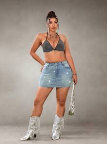 SHEIN ICON Plus Size Women Pockets Decor Rhinestone Washed Denim Blue A-Line Skirt - Blue - View 5