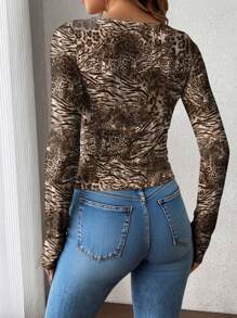 INAWLY Women's Fashionable Animal Print Long Sleeve T-Shirt, Spring/Autumn Fall Cloth For Women - Multicolor - View 2