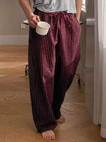 DAZY Men Plaid Textured Fabric Lounge Pants, Spring Home Wear Bottom - Red - View 1