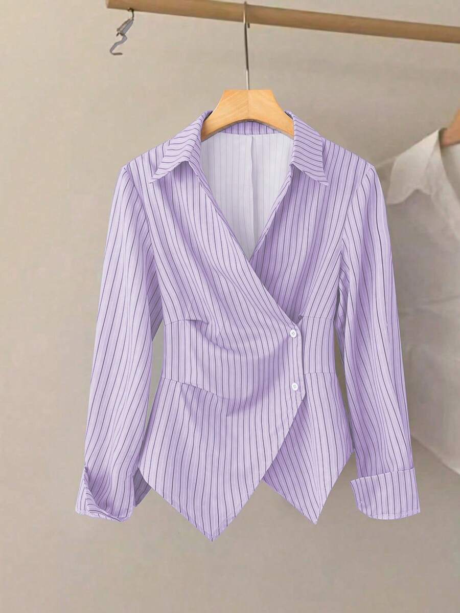 SHEIN Clasi 翻领收腰不对称条纹优雅女式衬衫女式衬衫 - 彩色 - 查看 1