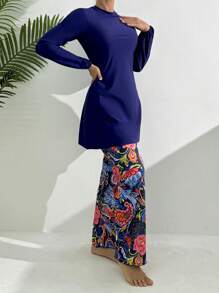 Swim Mulvari 女士海滩夏季服装：1 套纯色长袖圆领连衣裙 + 彩色印花长裤休闲假日布基尼套装