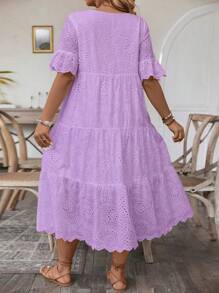 Plus Size Women's Elegant Floral Burning Embroidery Round Neck Short Sleeve Dress With Ruffled Hem For Vacation Maxi Women Outfit - Purple - View 2