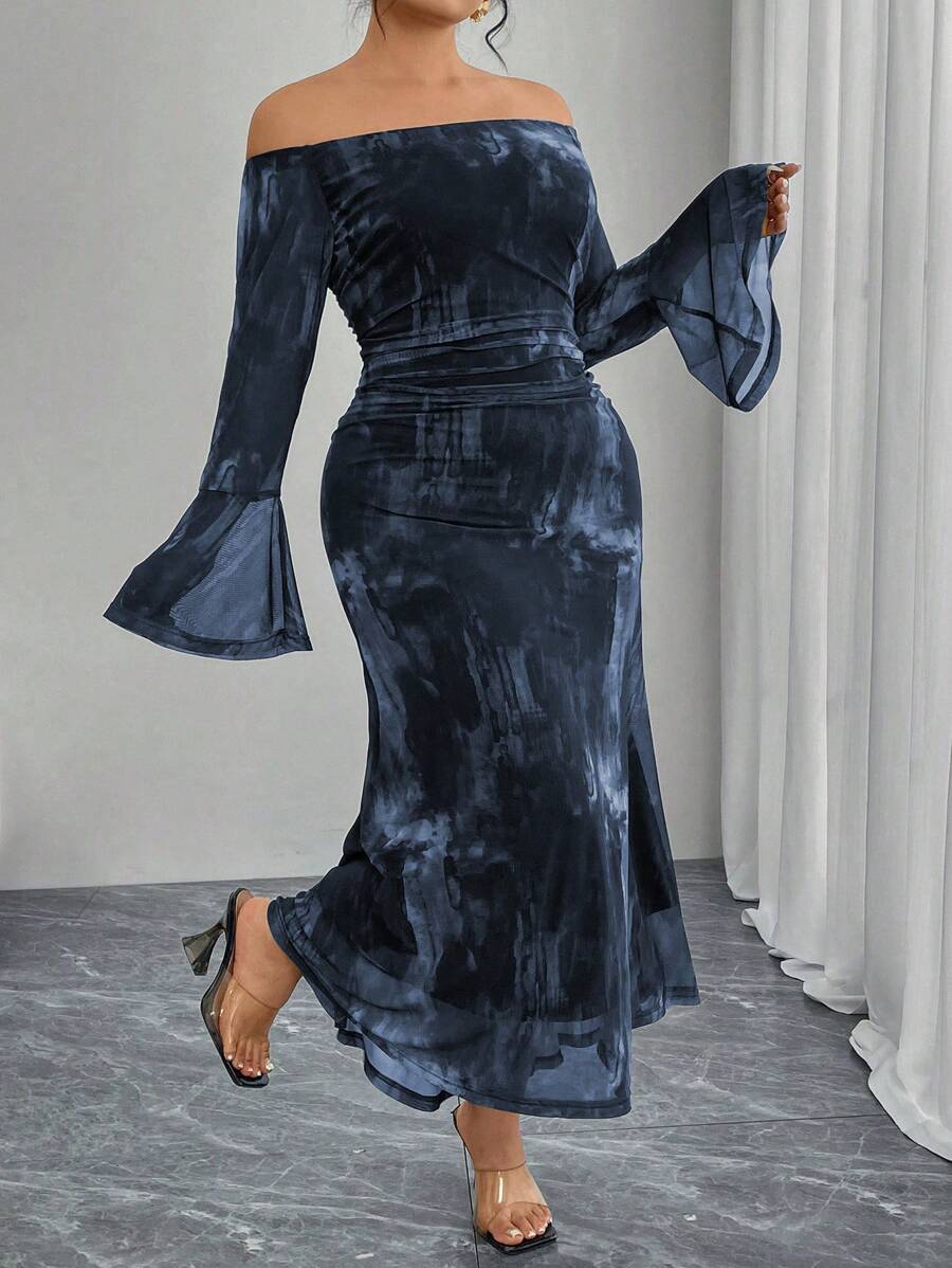 Modelyn Women Plus Size Off-The-Shoulder Flared Long Sleeve Ruched Tie-Dye Print Ruffle Bodycon Mermaid Elegant Fashion Dress Fall Cloth For Women
