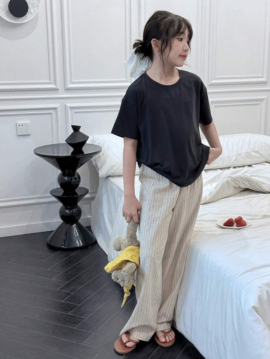 DAZY 2pcs Tween Girl Fall Outfit Set - Girl's Round Neck Short Sleeve Knit T-Shirt + Woven Striped Pants, Spring/Summer - Navy Blue - View 1