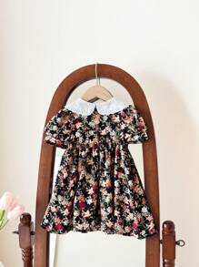 SHEIN Babygirl Summer Cute Floral Print Vacation Dress - Black - View 2