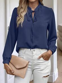 EMERY ROSE Women's Solid Color Long Sleeve Shirt, Minimalist Fashion For Summer Fall Cloth For Women - Navy Blue - View 5