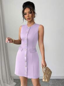 Elenzga Sleeveless Elegant Commuter Fashion Front Closure Waist Cinched Waist Women Dress
