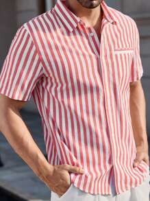 Manfinity RelaxMax Men's Short Sleeve Striped Casual Shirt, Suitable For Summer Men Summer Shirts