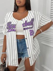 SHEIN EZwear Plus Size Summer Casual Striped Letter Print Plus Size Short Sleeve Baseball Shirt - Purple - View 4