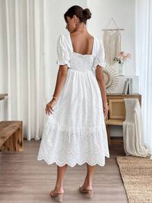 EMERY ROSE 女士方领短款泡泡袖长款刺绣连衣裙 - 白色 - 查看 2