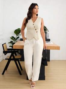 SHEIN Frenchy 大码女式夏季优雅简约百搭衬衫，适合办公室通勤，纯色女士衬衫 - 杏色 - 查看 6