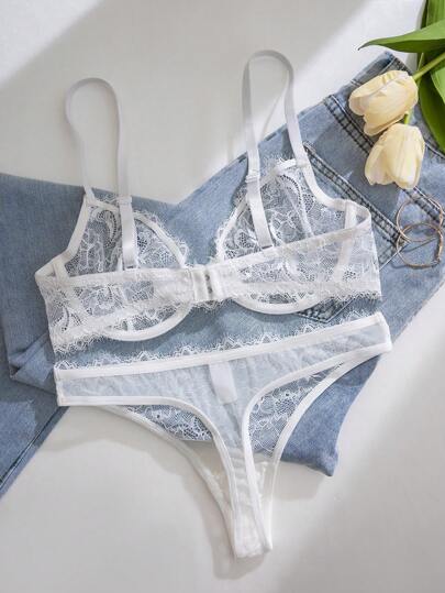 Kanten Underwire Thin Bottom Lingerie Set Includes BH String Slipje view 2