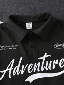 SHEIN Conjunto de 2 peças para meninos, casual e confortável, estilo universitário, simples e moderno, com estampa personalizada de letras, camisa polo de manga curta e shorts com bolso. Ideal para primavera/verão, uso diário, esportes, passeios, escola, festas, festivais, ensaios fotográficos e volta às aulas. - Preto - Ver 6