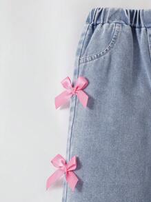 SHEIN Playful Pals 女婴夏季休闲可爱粉色蝴蝶结印花短袖上衣和牛仔裤套装，带多个丝带蝴蝶结装饰，韩版风格 - 白色 - 查看 4