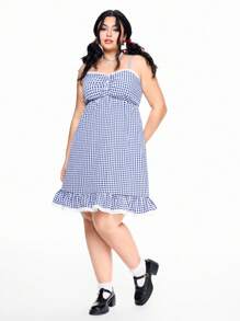 ROMWE J-Fashion Plaid Ruffle Trim Plus Size Vacation Dress For Women - Blue - View 5