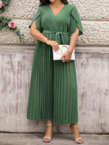 SHEIN Clasi Plus Size Women Solid Color Ruffle Short Sleeve Wide Leg Elegant Jumpsuit - Green - View 4