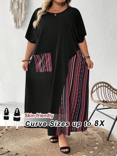 SHEIN CURVE+ 加大撞色豹纹贴袋短袖夏装连衣裙夏季服装休闲女装连衣裙