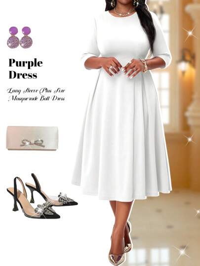 SHEIN Lady Plus Size Women's Elegant Summer White Long Sleeve Dresses,Knitted Round Neck Flowy Masquerade Ball Dress,Party Wedding Guest Valentine's Day Clothes