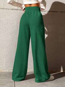 SHEIN Tall CURVE Plus Size Women's Casual Extra Long Knitted Fabric Pants With Pockets In Dark Green - Dark Green - View 2