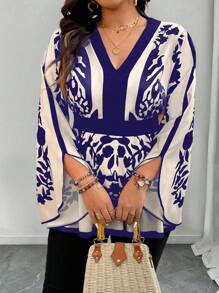 SHEIN Clasi 大码花卉复古印花腰部收紧 V 领喇叭袖休闲通勤优雅度假衬衫 - 彩色 - 查看 4