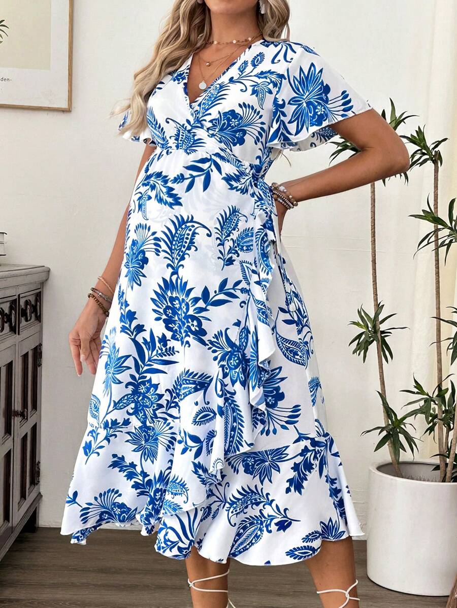SHEIN Maternity Casual Full Print Ruffled Tie Wrap Dress - Blue - View 1