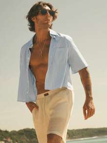 HIMLAND Men's Slim Fit Woven Striped Short Sleeve Casual Blue Shirt, Old Money